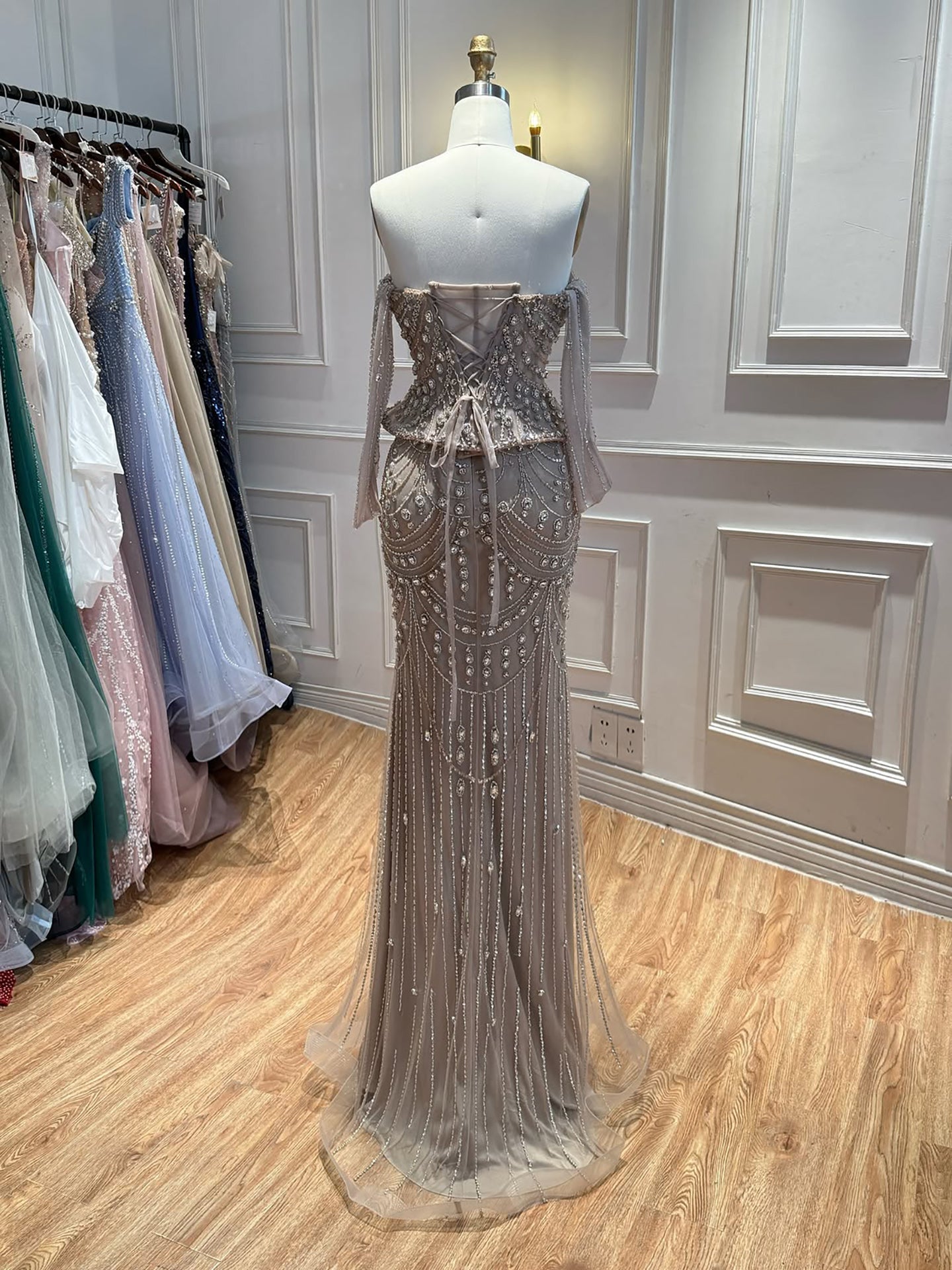 Luxury Caramel Crystal Beaded Mermaid Off Shoulder Evening Dress LA73686A