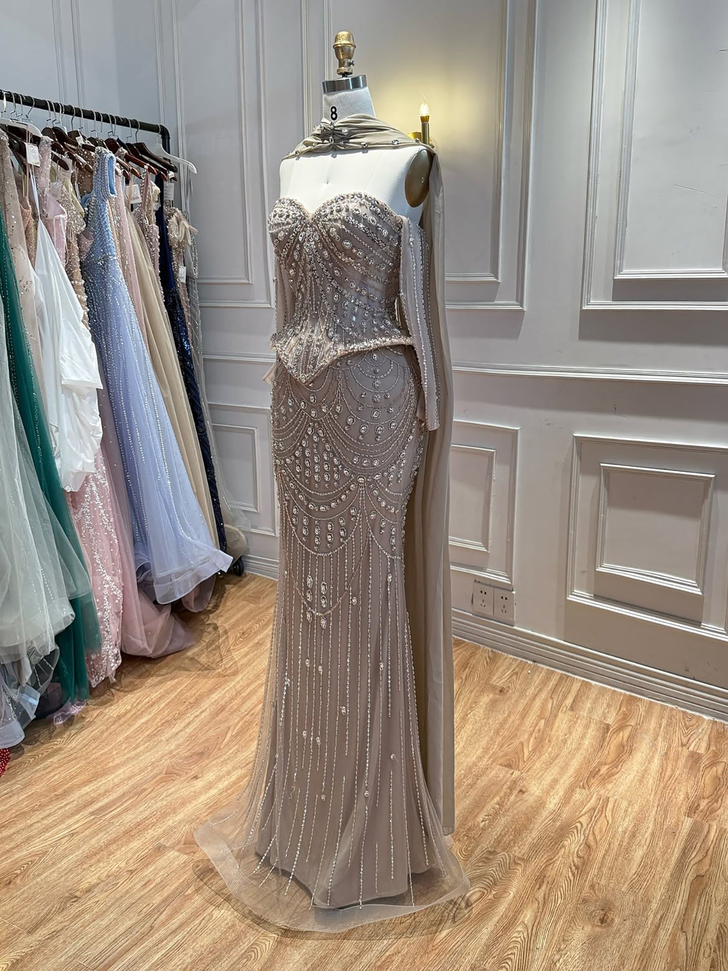 Luxury Caramel Crystal Beaded Mermaid Off Shoulder Evening Dress LA73686A