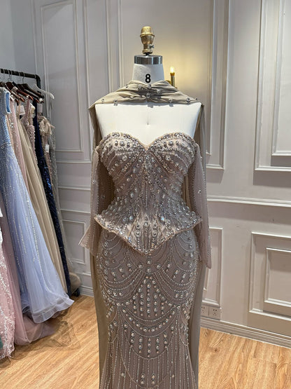 Luxury Caramel Crystal Beaded Mermaid Off Shoulder Evening Dress LA73686A