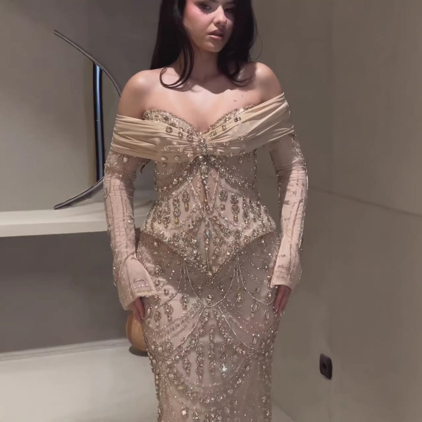 Luxury Nude Crystal Beaded Mermaid Off Shoulder Evening Dress LA73686A