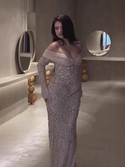 Luxury Nude Crystal Beaded Mermaid Off Shoulder Evening Dress LA73686A