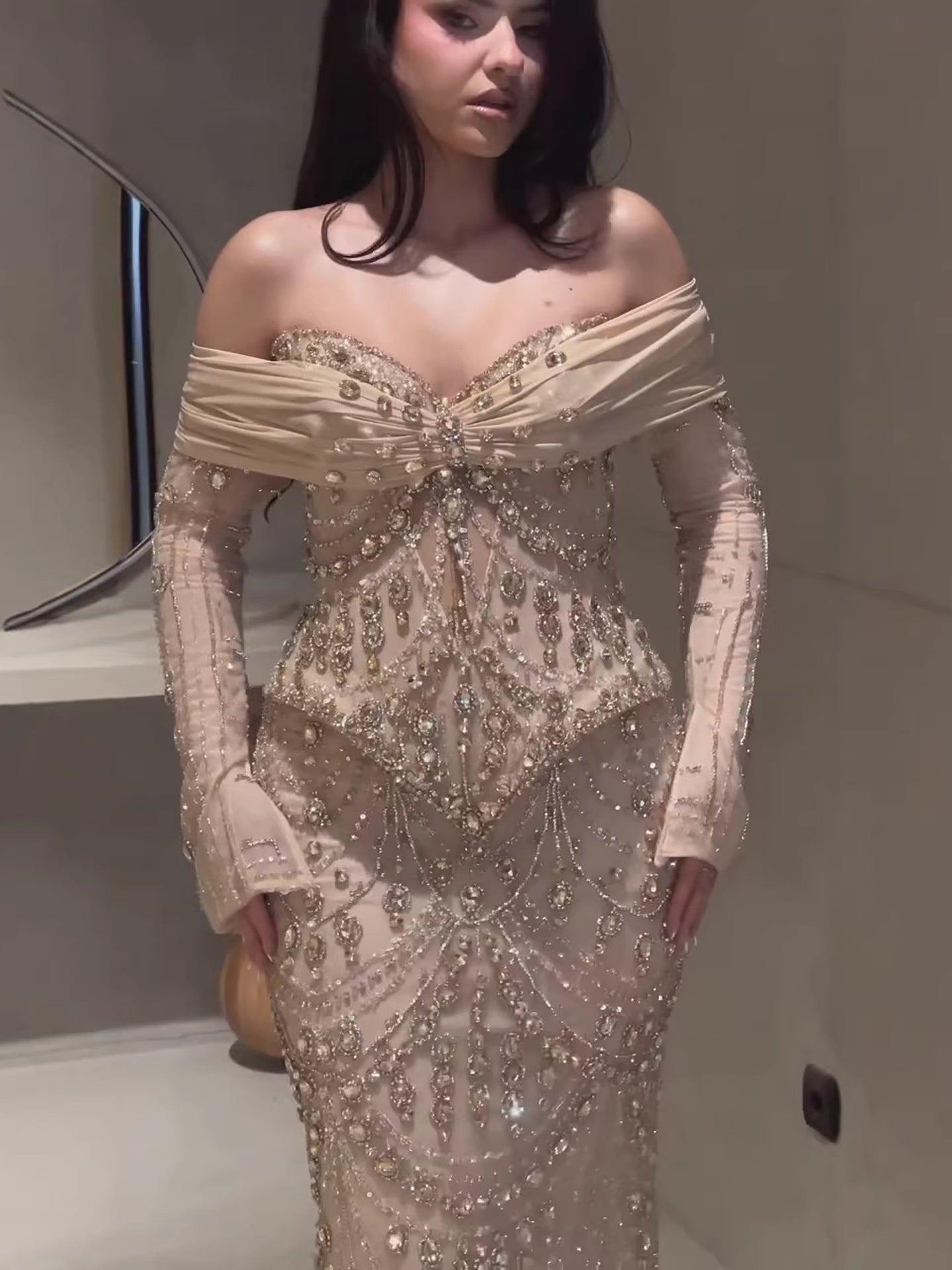 Luxury Nude Crystal Beaded Mermaid Off Shoulder Evening Dress LA73686A