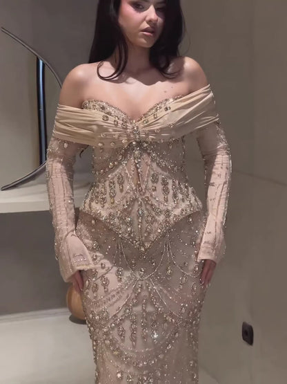 Luxury Nude Crystal Beaded Mermaid Off Shoulder Evening Dress LA73686A