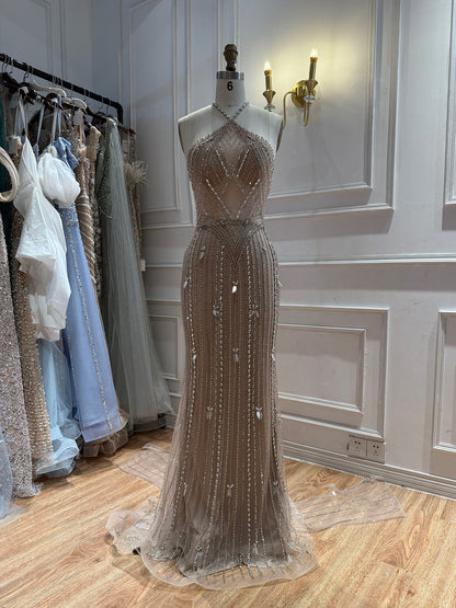 Luxury Nude Halter Crystal Beaded Mermaid Dress With Bow Back LA73687A