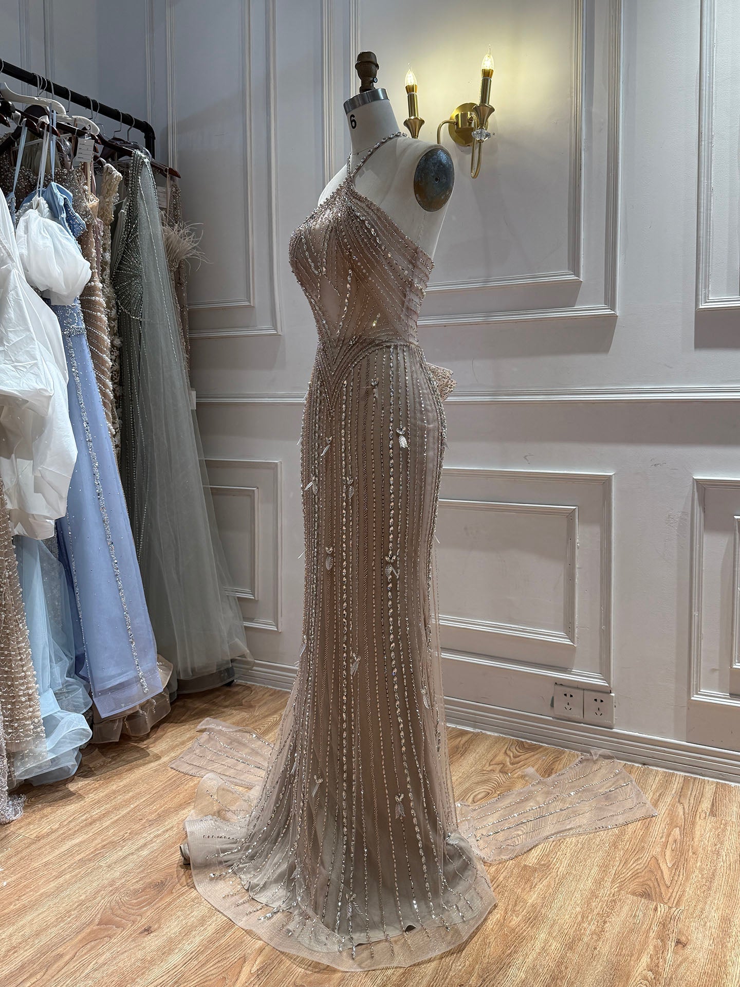 Luxury Nude Halter Crystal Beaded Mermaid Dress With Bow Back LA73687A