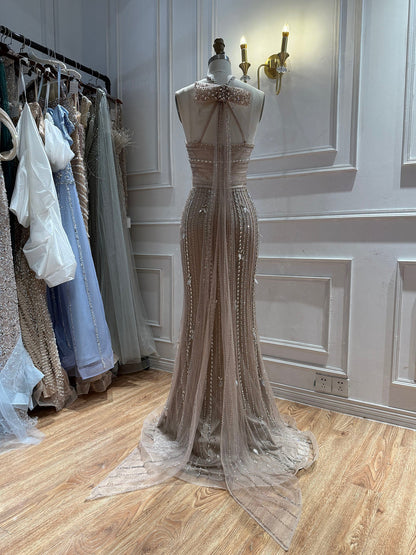 Luxury Nude Halter Crystal Beaded Mermaid Dress With Bow Back LA73687A