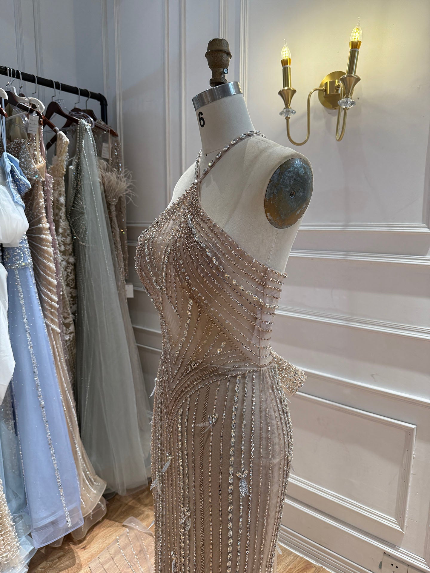 Luxury Nude Halter Crystal Beaded Mermaid Dress With Bow Back LA73687A