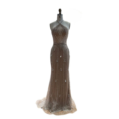 Luxury Nude Halter Crystal Beaded Mermaid Dress With Bow Back LA73687A