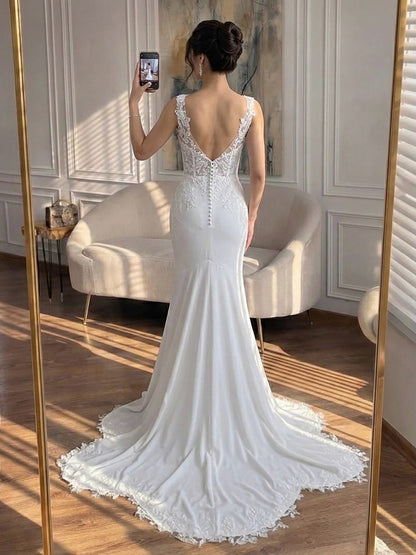 Luxury White V Neck See Through Lace Mermaid Dress LA73690