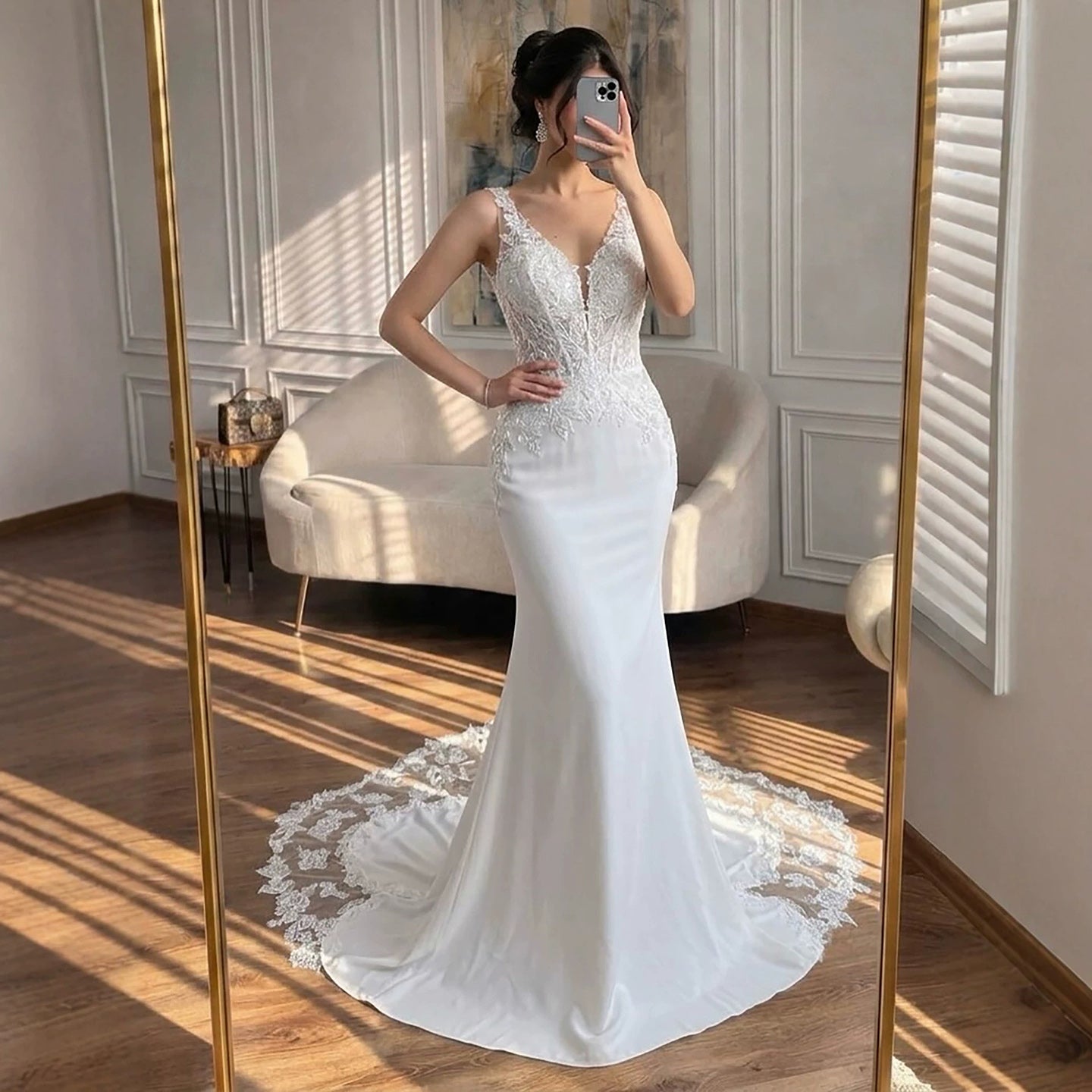 Luxury White V Neck Lace Bodice Zipper Back Mermaid Dress LA73690A