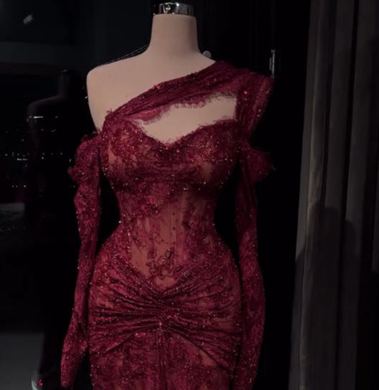 Luxury Wine red Lace Long sleeves Evening Dress Fromal Party Gown LA73691