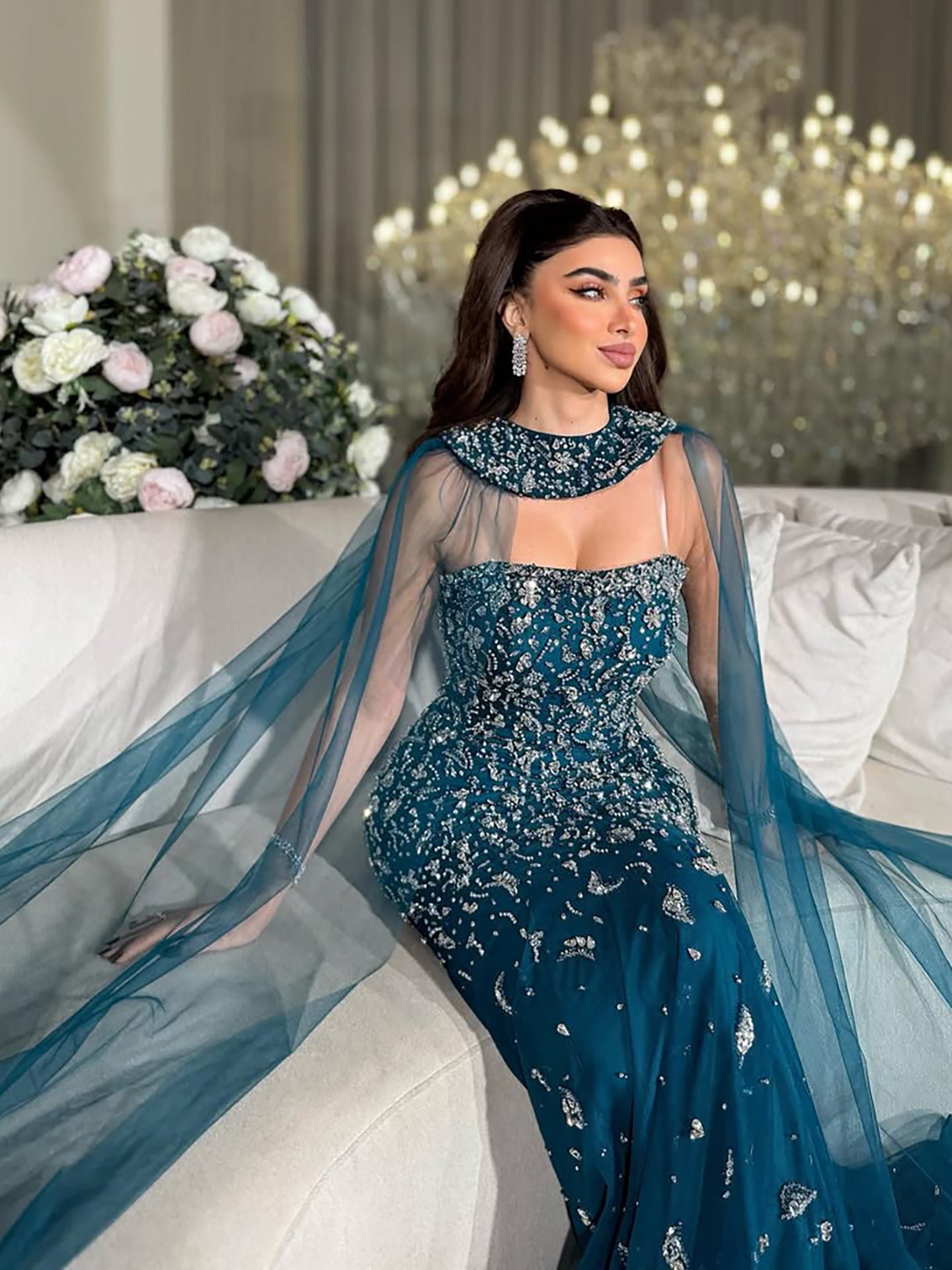 Luxury Blue Crystal Beaded Mermaid Evening Dress With Cape Sleeves LA73692