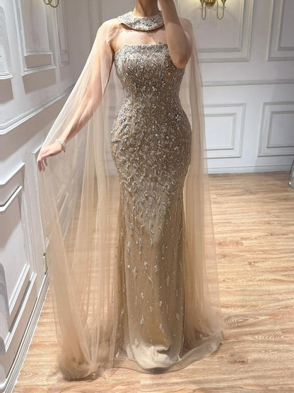 Luxury Blue Crystal Beaded Mermaid Evening Dress With Cape Sleeves LA73692