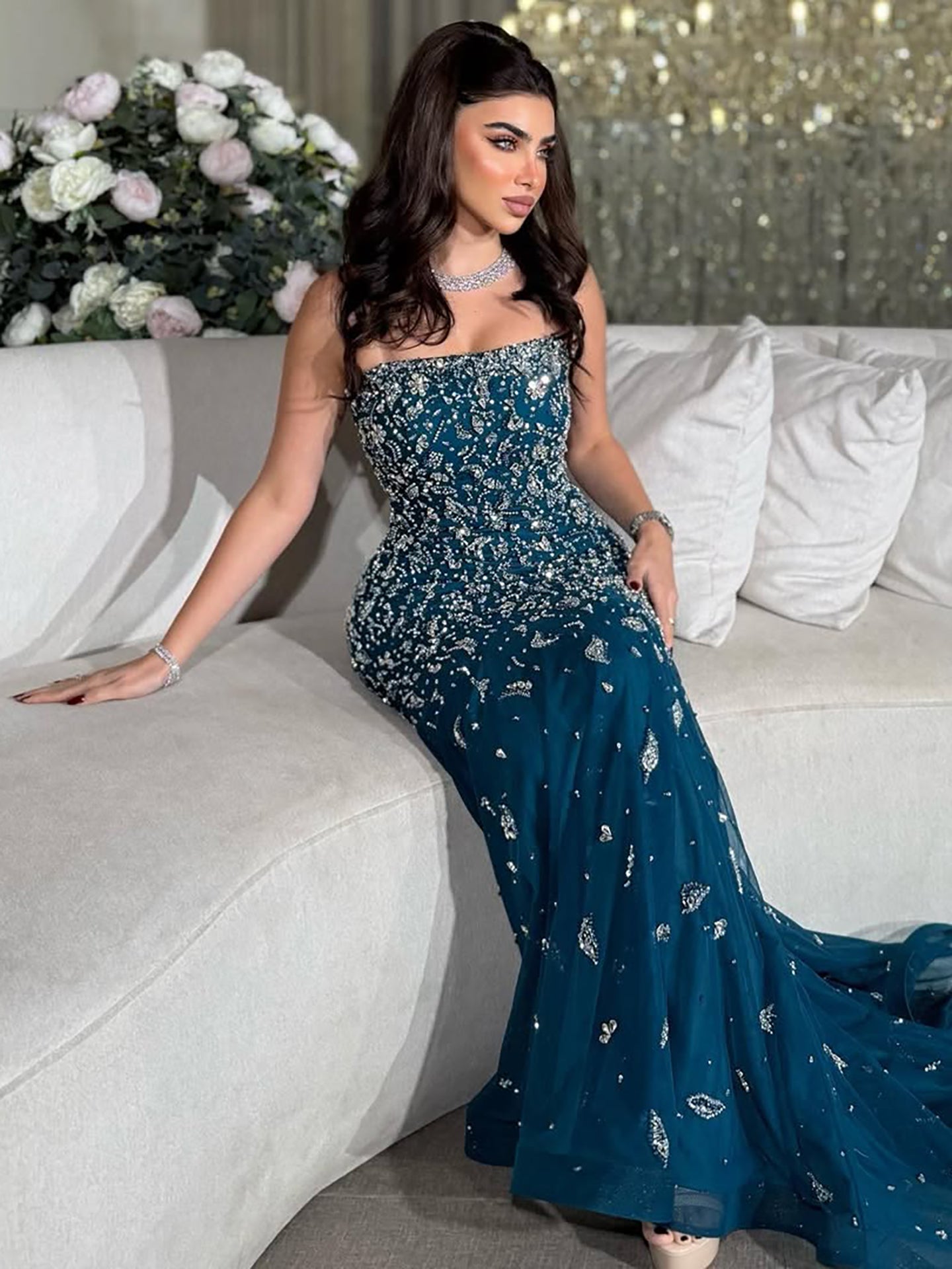 Luxury Blue Crystal Beaded Mermaid Evening Dress With Cape Sleeves LA73692