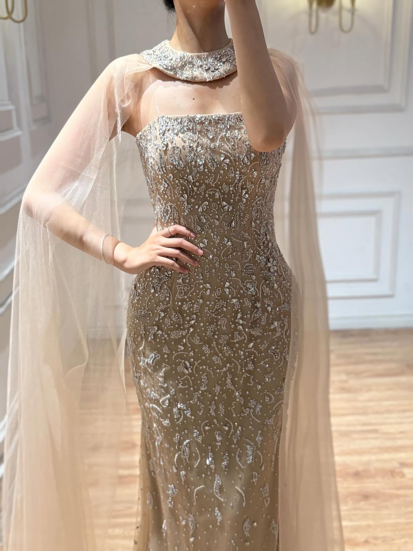 Luxury Blue Crystal Beaded Mermaid Evening Dress With Cape Sleeves LA73692