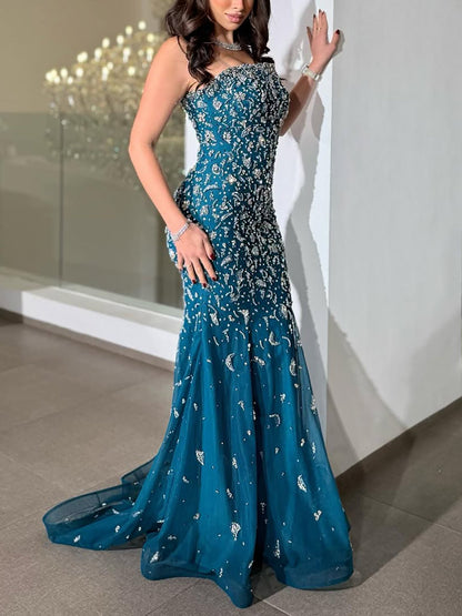 Luxury Blue Crystal Beaded Mermaid Evening Dress With Cape Sleeves LA73692