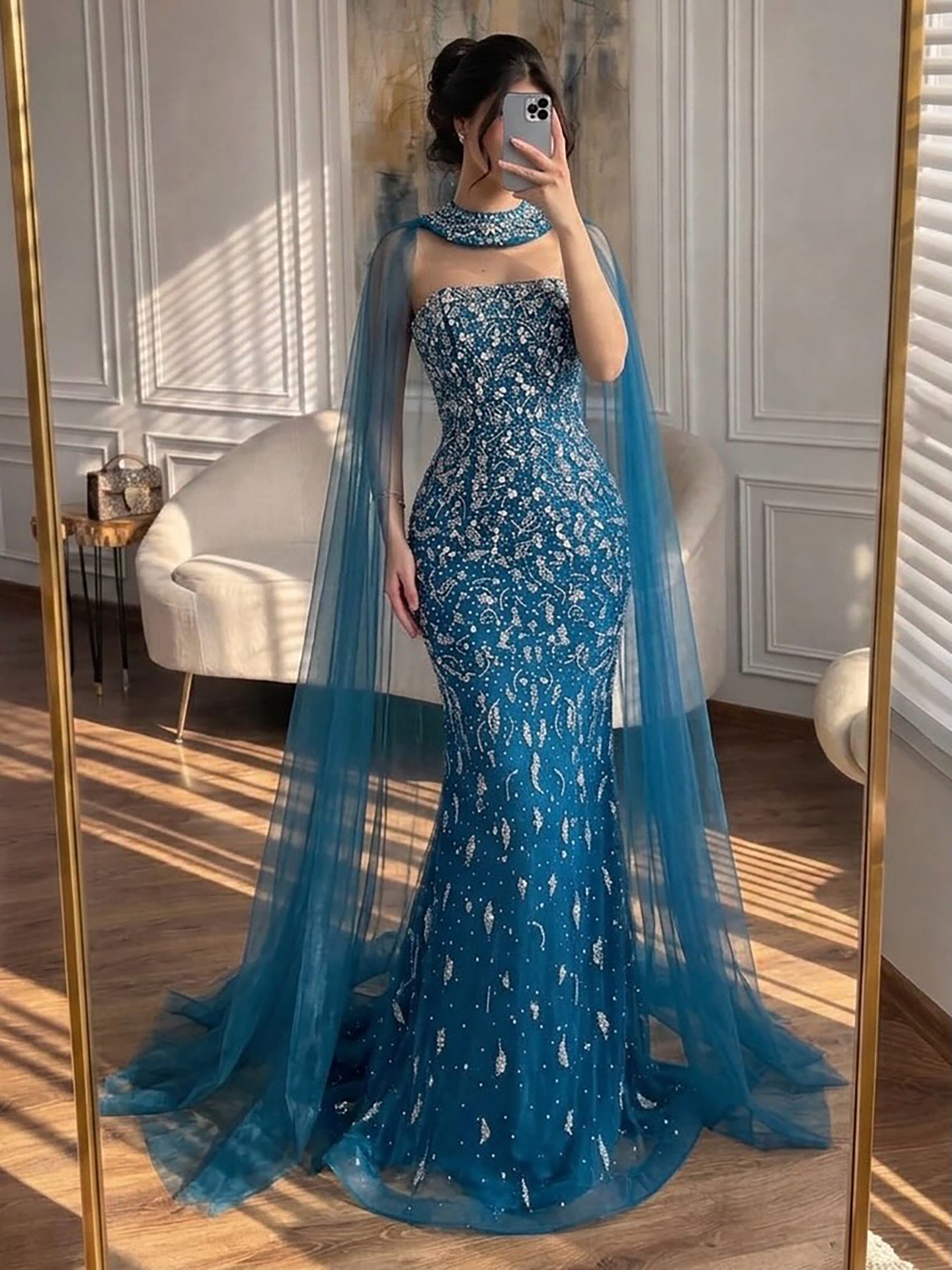 Luxury Blue Crystal Beaded Mermaid Evening Dress With Cape Sleeves LA73692