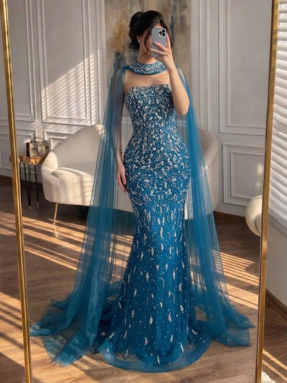 Luxury Blue Crystal Beaded Mermaid Evening Dress With Cape Sleeves LA73692