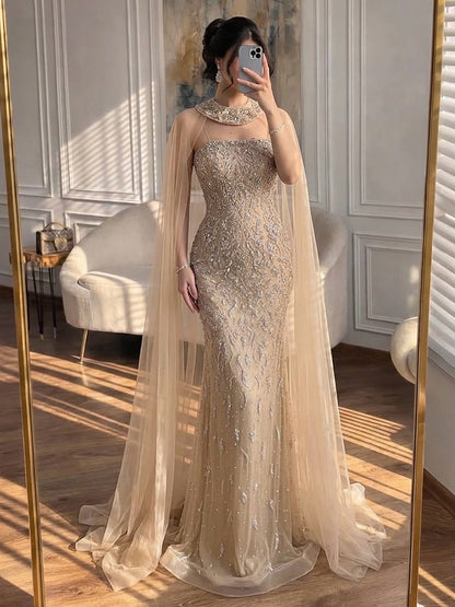 Luxury Blue Crystal Beaded Mermaid Evening Dress With Cape Sleeves LA73692