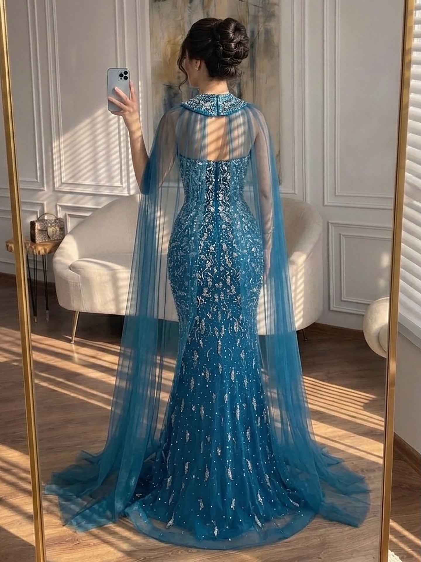 Luxury Blue Crystal Beaded Mermaid Evening Dress With Cape Sleeves LA73692
