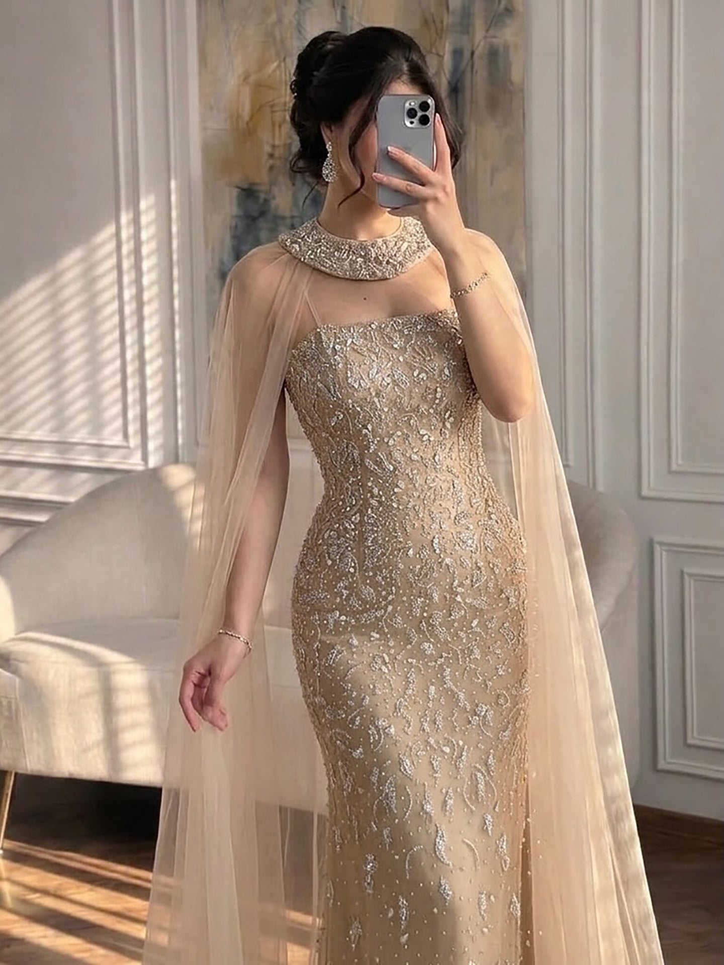 Luxury Blue Crystal Beaded Mermaid Evening Dress With Cape Sleeves LA73692