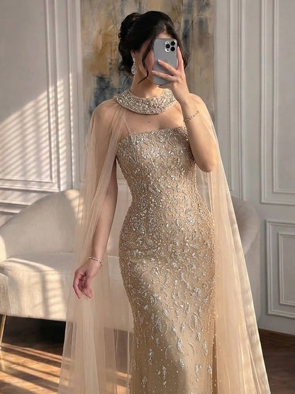 Luxury Blue Crystal Beaded Mermaid Evening Dress With Cape Sleeves LA73692