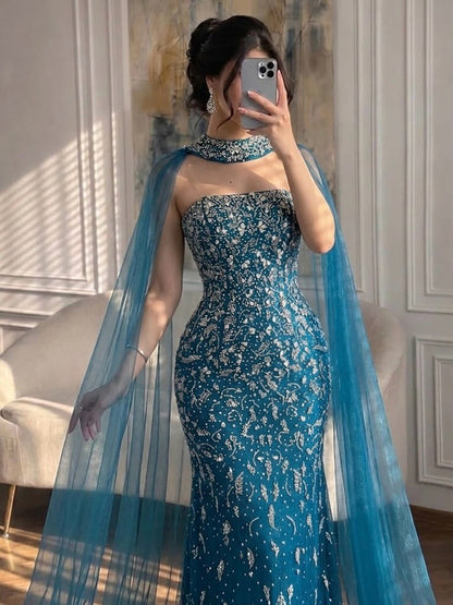 Luxury Blue Crystal Beaded Mermaid Evening Dress With Cape Sleeves LA73692