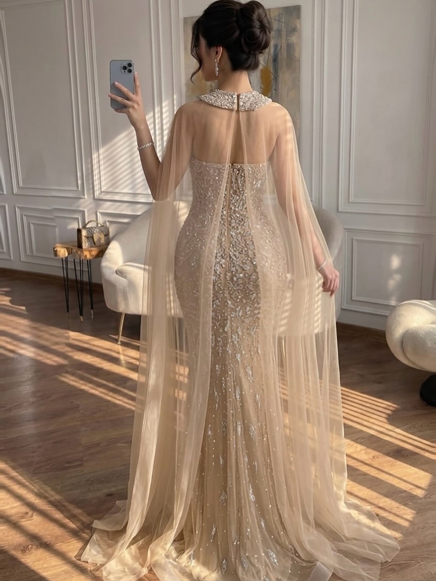 Luxury Blue Crystal Beaded Mermaid Evening Dress With Cape Sleeves LA73692