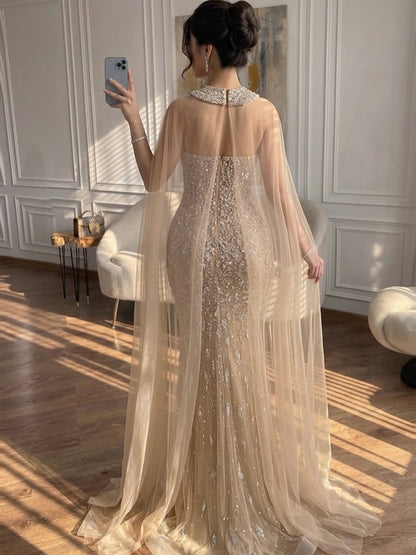 Luxury Blue Crystal Beaded Mermaid Evening Dress With Cape Sleeves LA73692