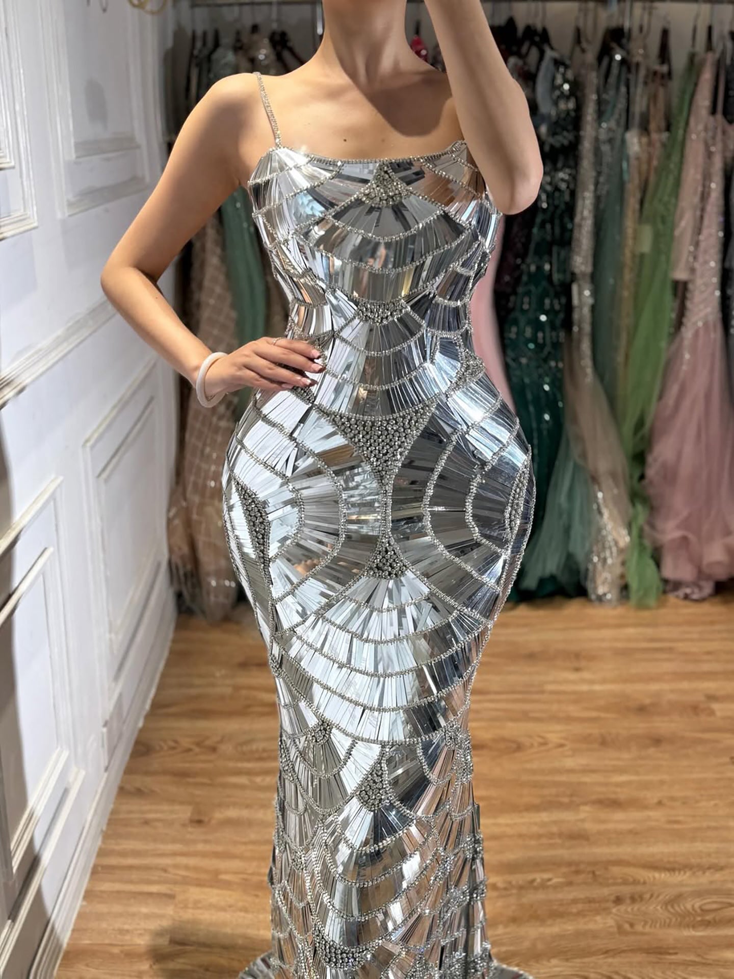 Luxury Silver Mirror Crystal Mermaid Evening Dress LA73693