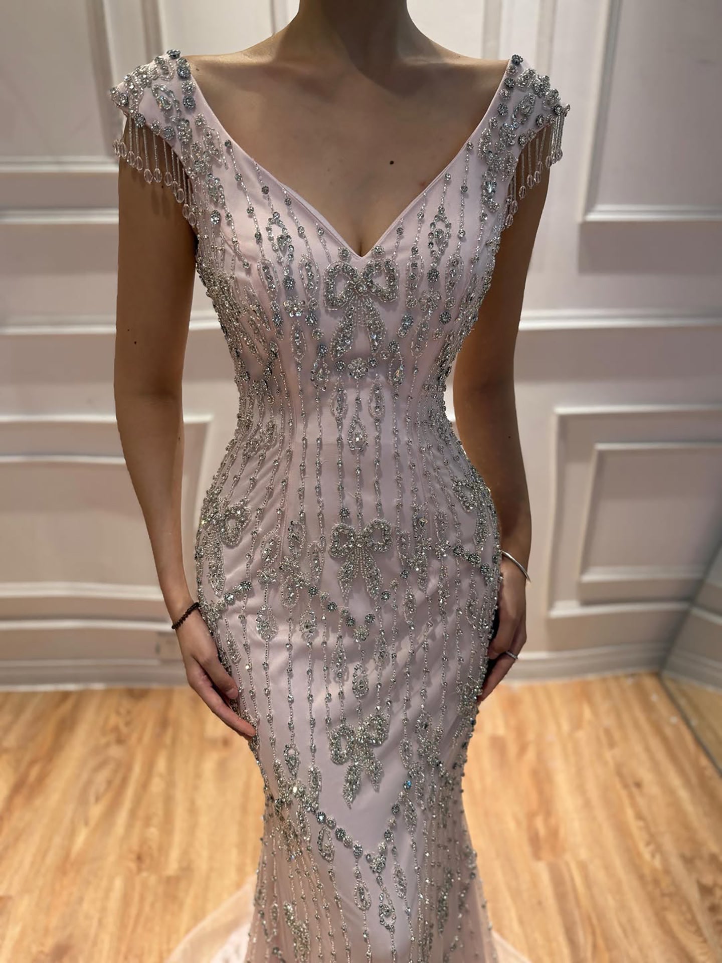 Luxury Pink Crystal Beaded Mermaid Deep V Evening Dress LA73696