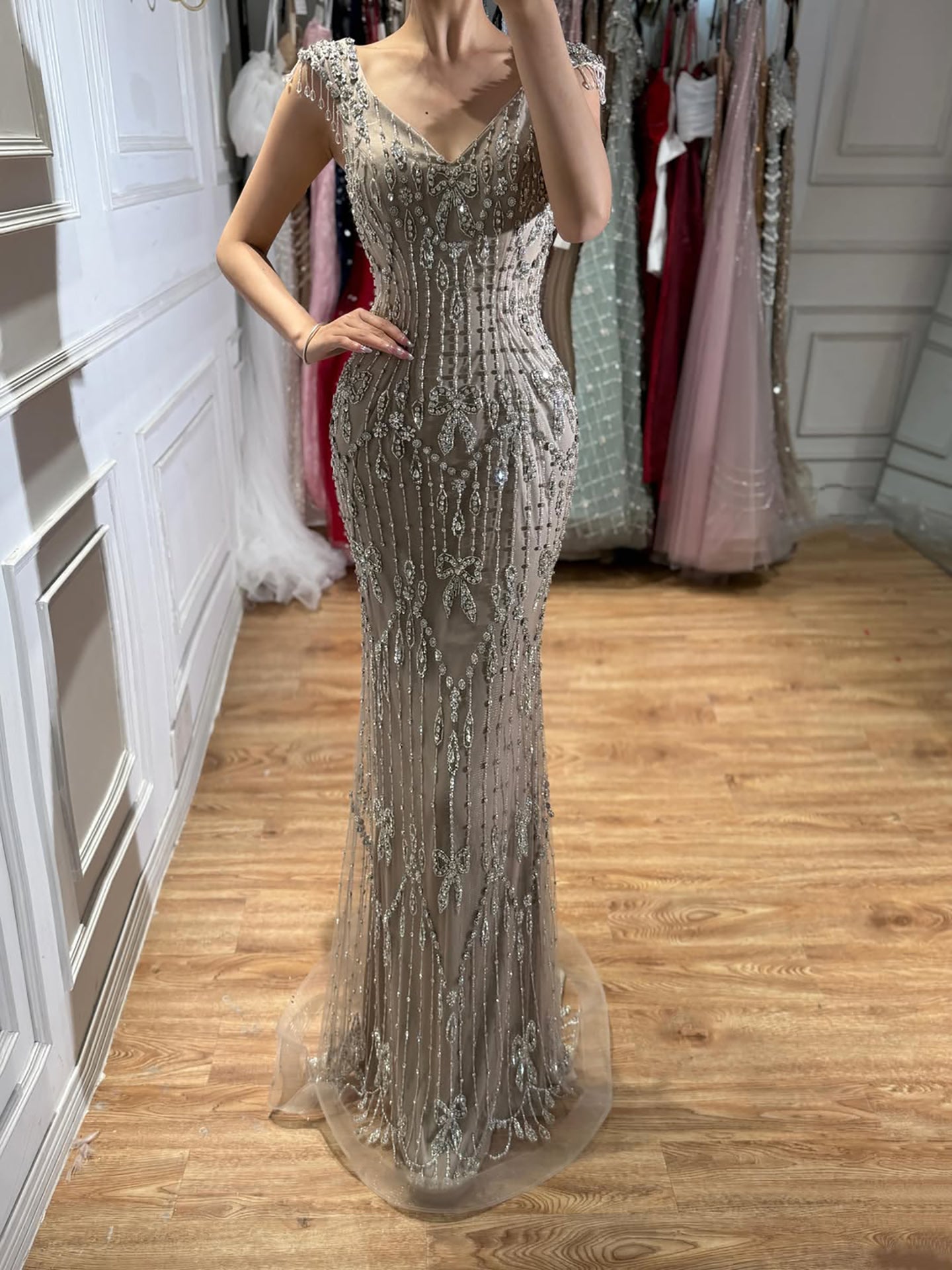 Luxury Pink Crystal Beaded Mermaid Deep V Evening Dress LA73696