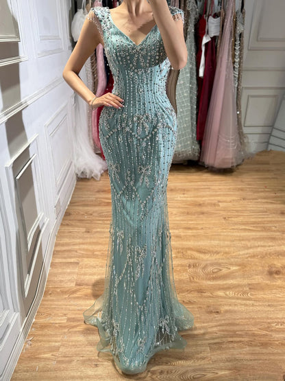 Luxury Pink Crystal Beaded Mermaid Deep V Evening Dress LA73696