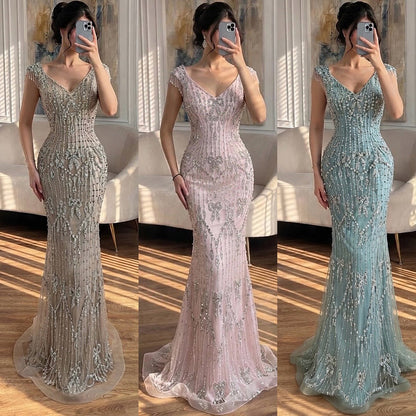 Luxury Pink Crystal Beaded Mermaid Deep V Evening Dress LA73696