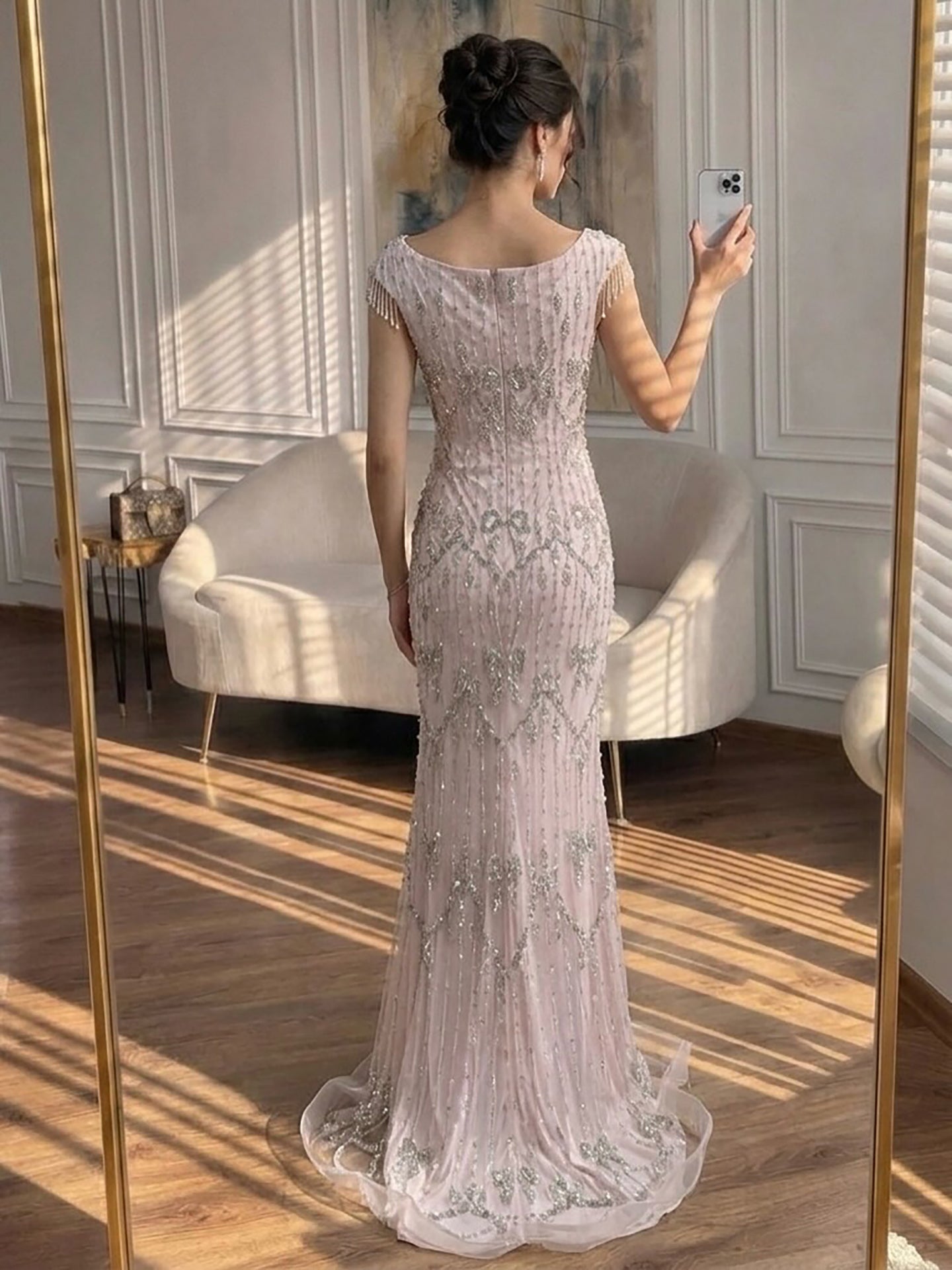 Luxury Pink Crystal Beaded Mermaid Deep V Evening Dress LA73696