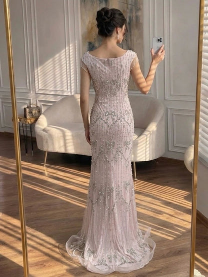 Luxury Pink Crystal Beaded Mermaid Deep V Evening Dress LA73696