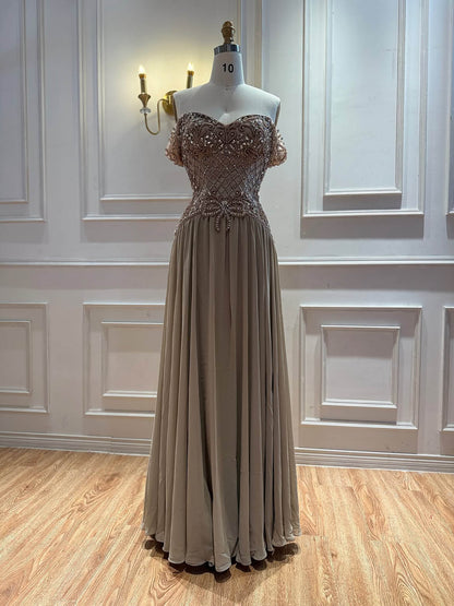 Luxury Pink Beaded Chiffon Off Shoulder A Line Evening Dress LA73698A