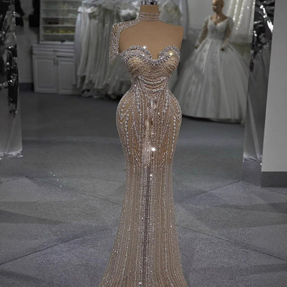 Luxury Silver Nude Strapless Crystal Beaded Mermaid Evening Dress with Cape LA73703