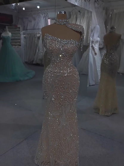 Luxury Silver Nude Crystal Beaded Mermaid Evening Dress with Cape LA73704