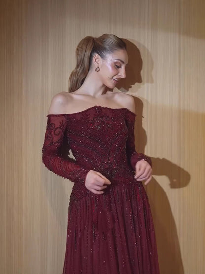 Luxury Wine Red Beaded Off Shoulder Long Sleeve Evening Dress LA73707