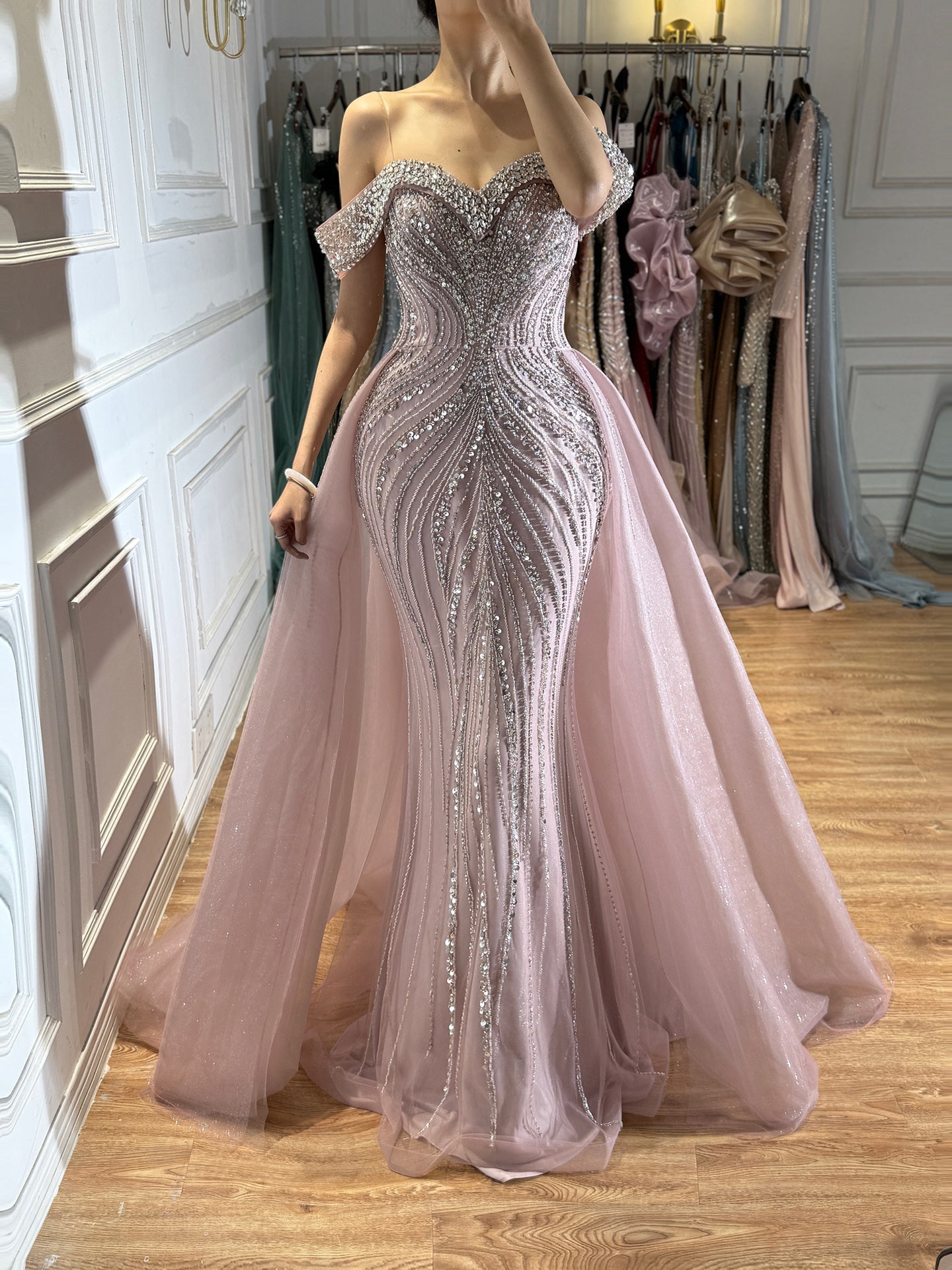 Luxury Nude Crystal Beaded Mermaid Dress with Train LA73710