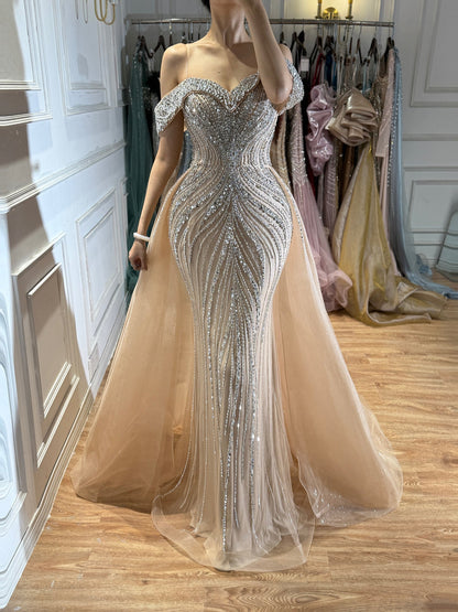 Luxury Nude Crystal Beaded Mermaid Dress with Train LA73710