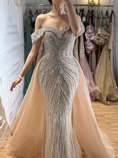 Luxury Nude Crystal Beaded Mermaid Dress with Train LA73710