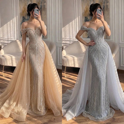 Luxury Nude Off Shoulder Crystal Beaded Mermaid Dress LA73710A