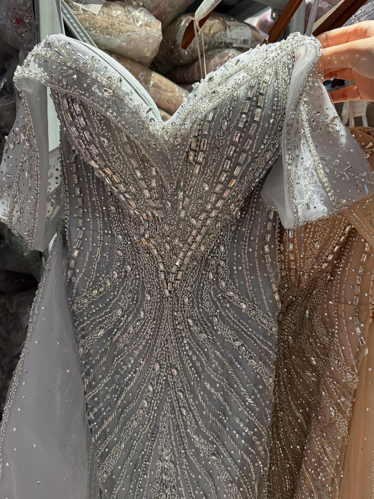 Luxury Nude Off Shoulder Crystal Beaded Mermaid Dress LA73710A