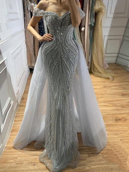 Luxury Nude Off Shoulder Crystal Beaded Mermaid Dress LA73710A