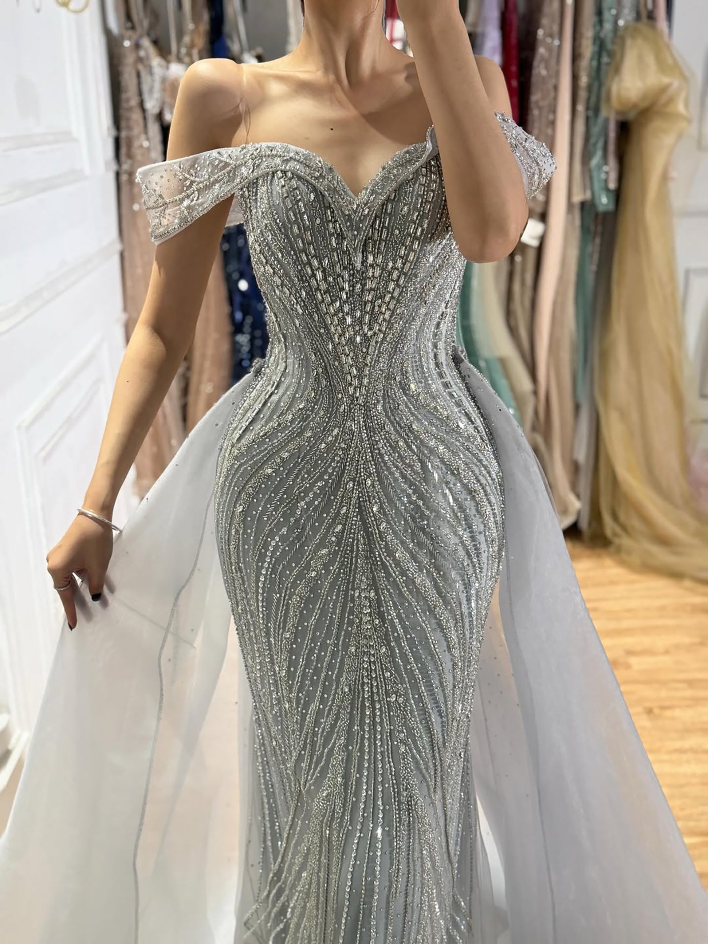Luxury Nude Off Shoulder Crystal Beaded Mermaid Dress LA73710A