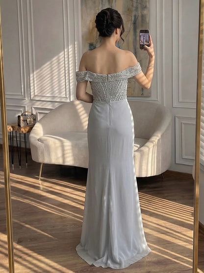 Luxury Nude Off Shoulder Crystal Beaded Mermaid Dress LA73710A