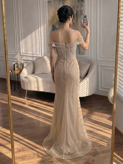 Luxury Nude Off Shoulder Crystal Beaded Mermaid Dress LA73710A