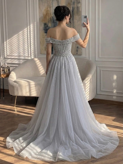 Luxury Nude Off Shoulder Crystal Beaded Mermaid Dress LA73710A